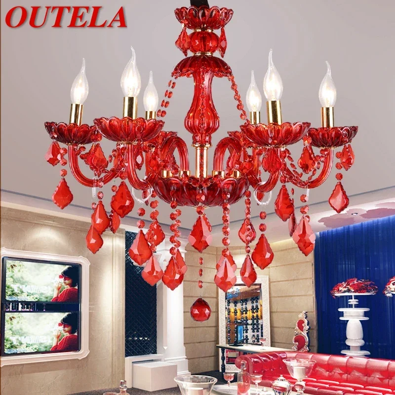 

OUTELA European Style Crystal Pendent Lamp Red Candle Lamp Luxurious Living Room Restaurant Bedroom Villa Chandelier