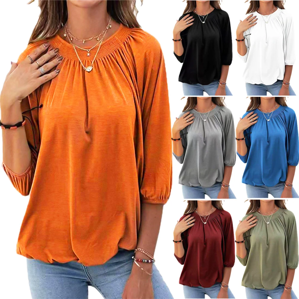 

Women's T-shirt Solid Color Loose Round Neck 3/4 Sleeve Bottoming T-shirt Women's Multi-color Optional Three-quarter Sleeve Top