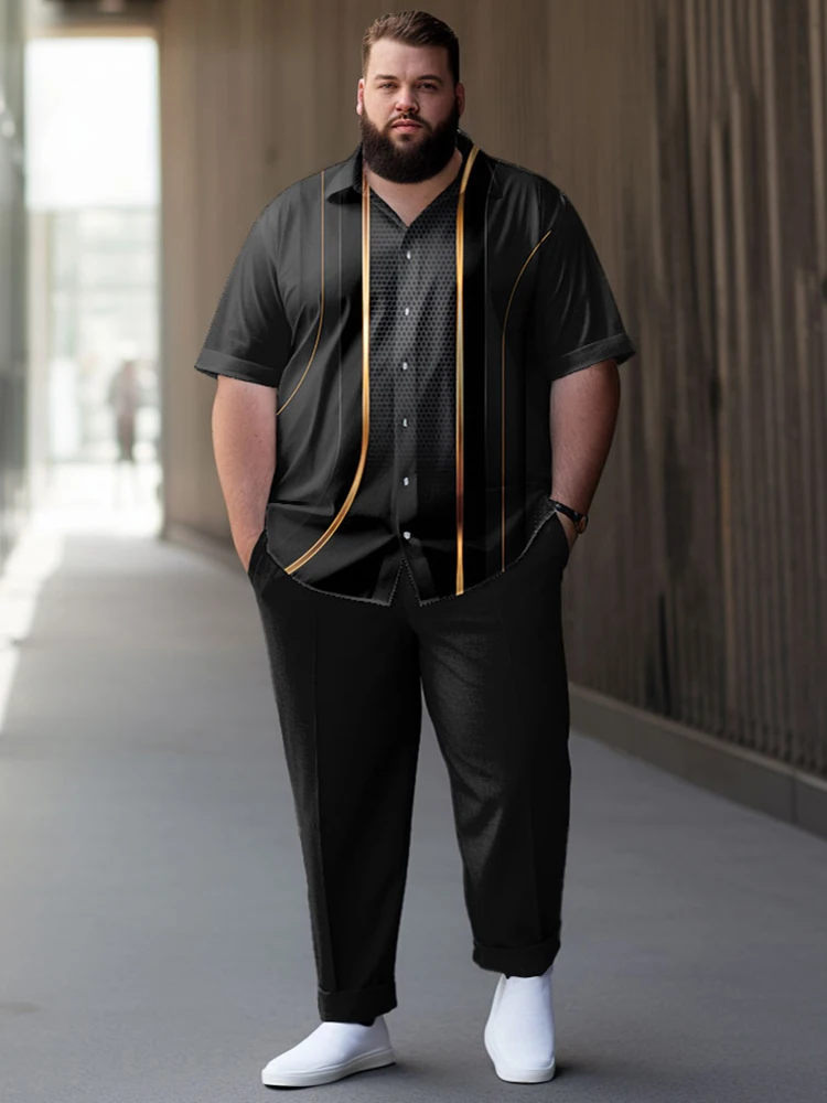 ZOOY (L-9XL) Men's Large Bust 202cm Waist 166cm Set Business Color Block Pattern Casual Daily Short sleeved Shirt and Pants Set