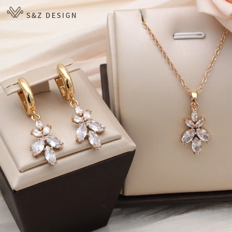 S&Z DESIGN New Fashion Flower Cubic Zirconia Orchid Pendant Necklace For Women Champagne Gold Color Collarbone Chain Jewelry
