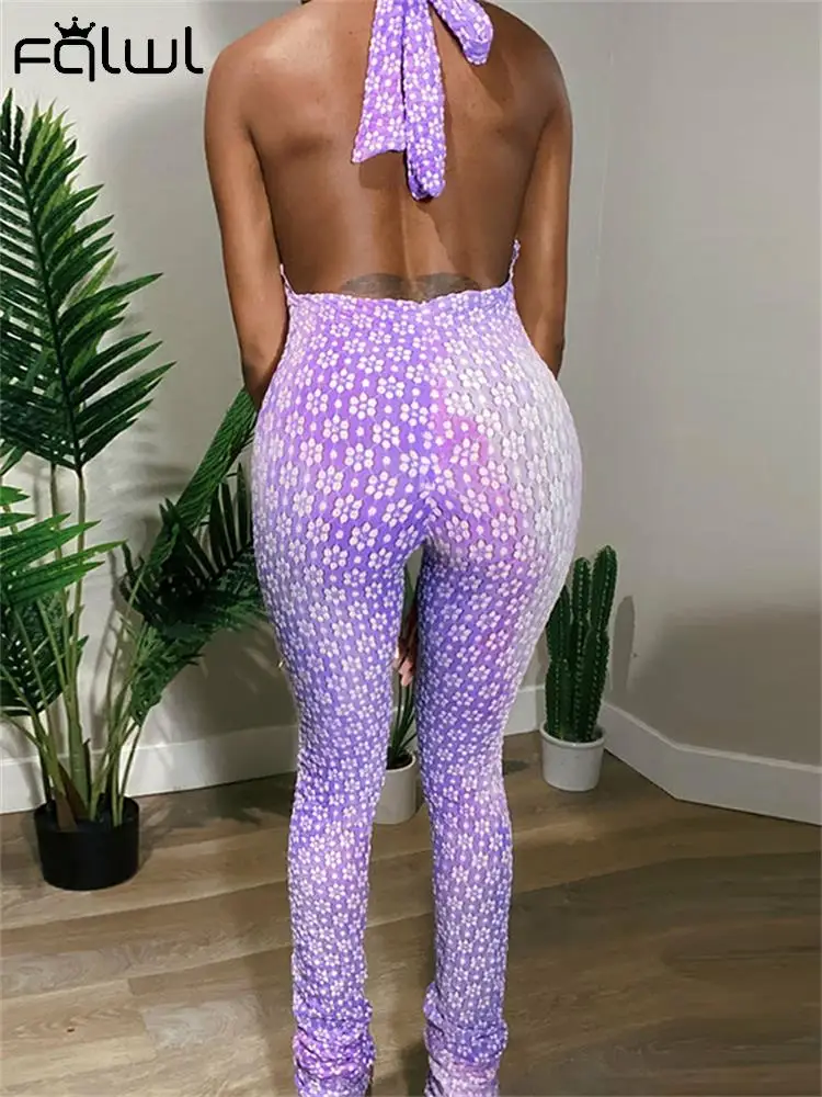 

Habbris Summer Sexy Hollow Print Bodycon Wave Edge Jumpsuits For Women 2023 V Neck Halter Bandage Sleeveless Backless Jumpsuit