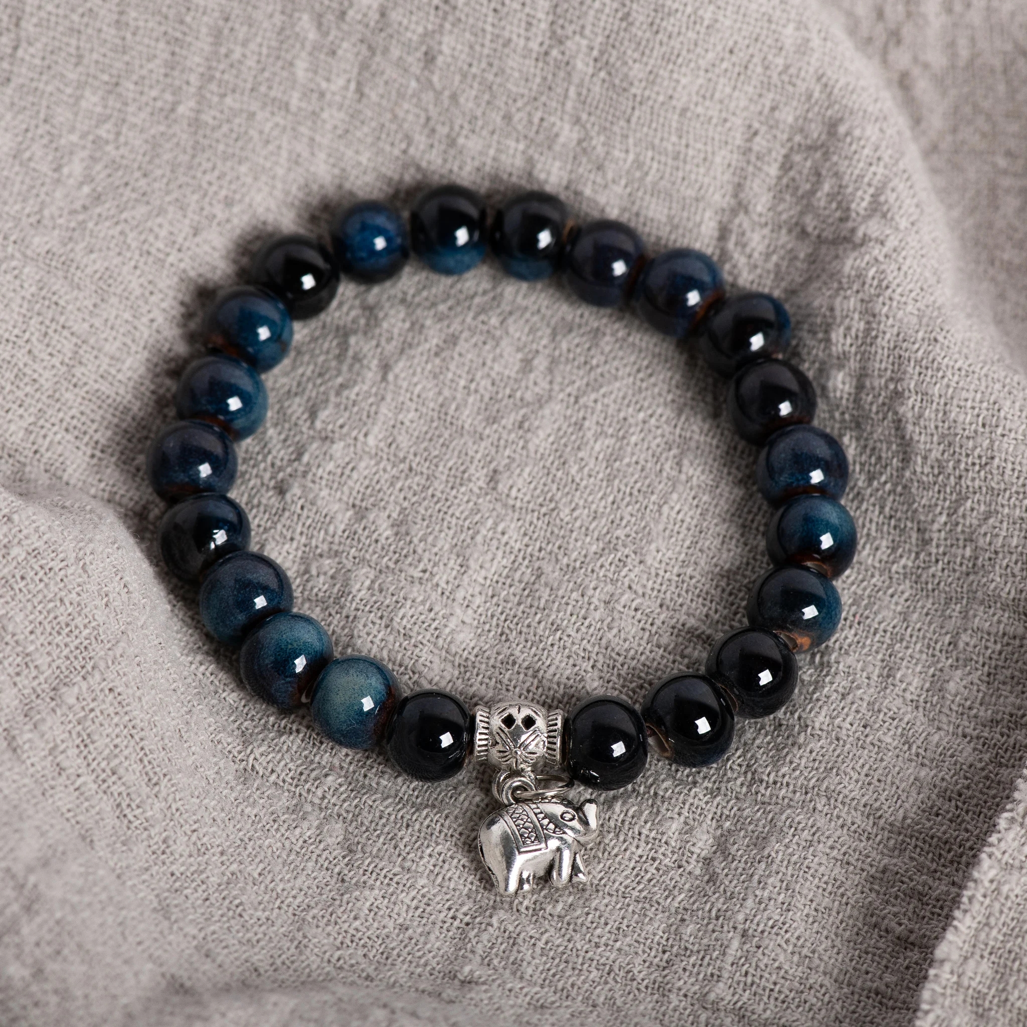 Handgefertigtes Elefanten-Armband aus Keramik, Boho-Stil, dehnbarer Schmuck, Unisex, Edelstein, blaue Perlen, zwei Größen
