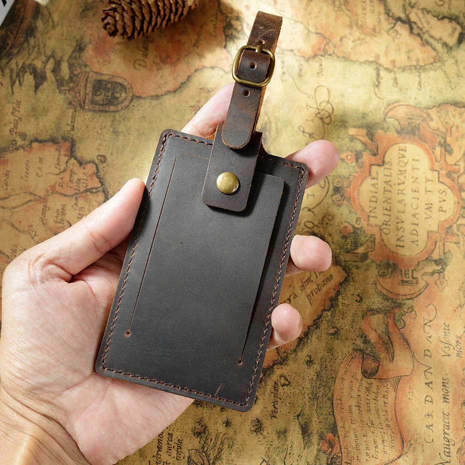 Vintage-Style Top-Grain Leather Luggage Tag with Snap Closure-Creative Airplane Travel Suitcase ID Tag for Check-In/Boarding