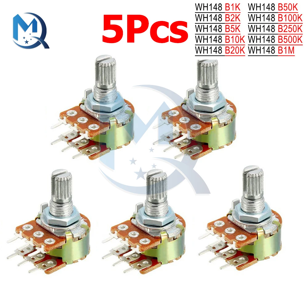 Potentiometer Kit 5pcs WH148 B1K B2K B5K B10K B20K B50K B100K B500K 6 pin Shaft Amplifier Dual Stereo 1K 5K 10K 50K 100K 500K 1M Ohm