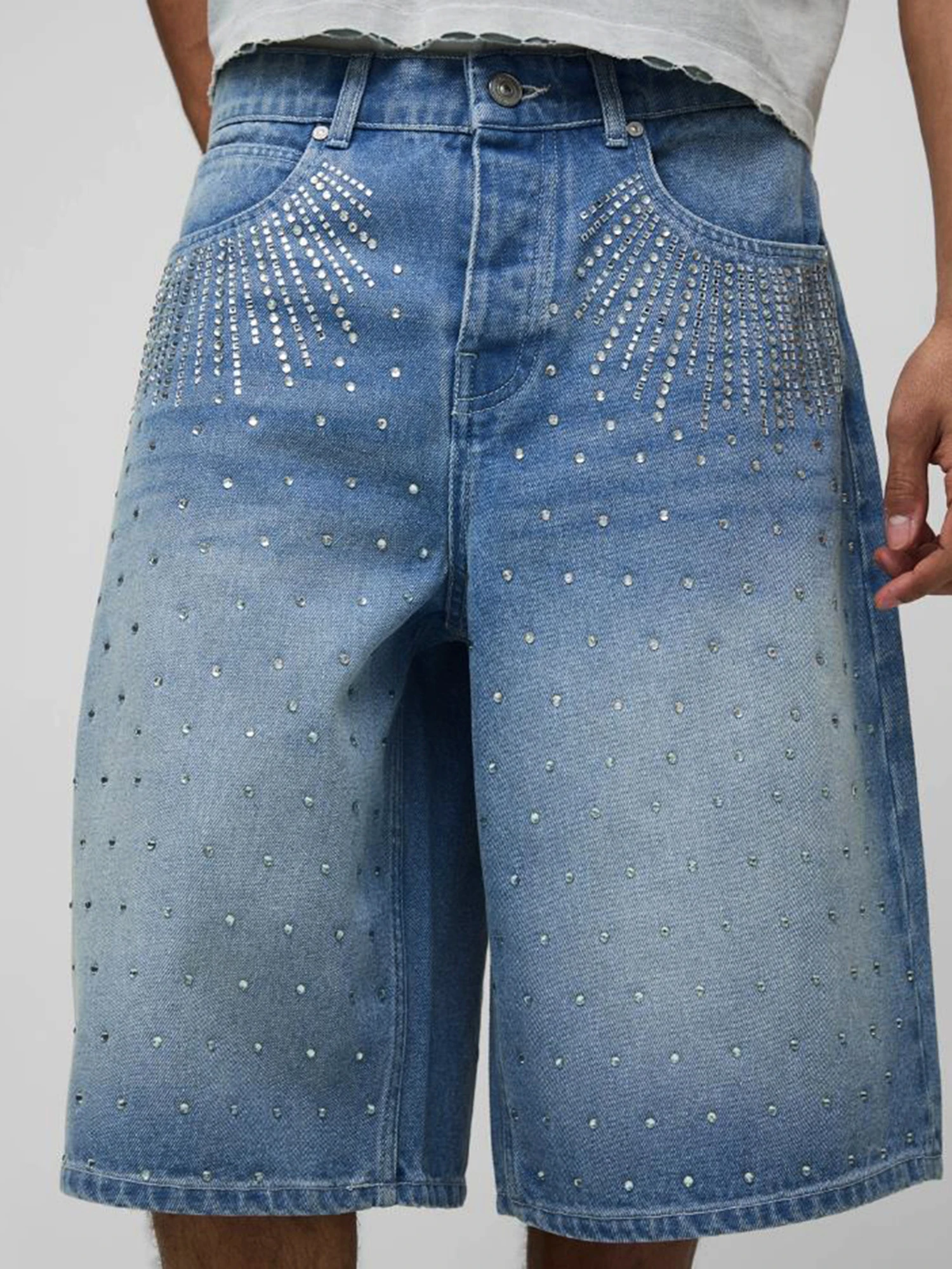 Men s Knee Length Denim Shorts with Distressed Detailing and Frayed Hem Mid Rise Loose Fit Long Jean Shorts Below Knee Cropped