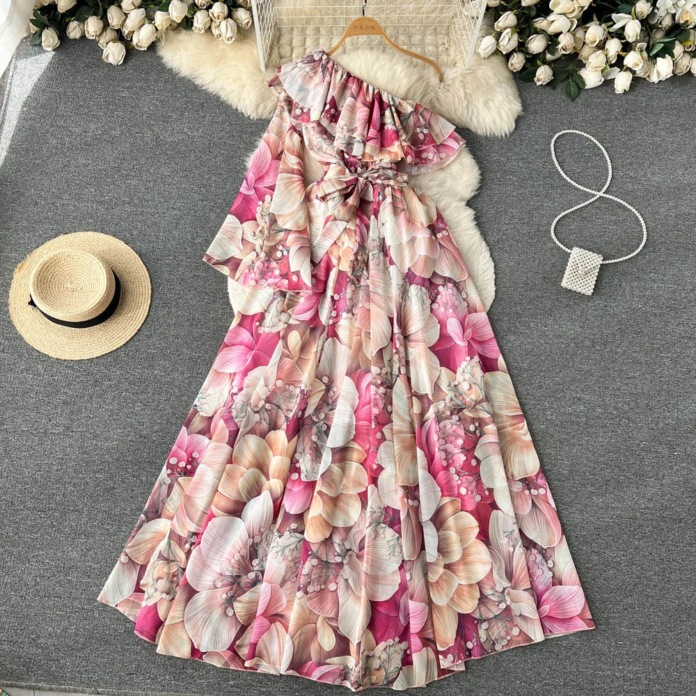 Dolores® | Casual holiday dresses with floral frenulum, backless, A-line dress with slanted collar