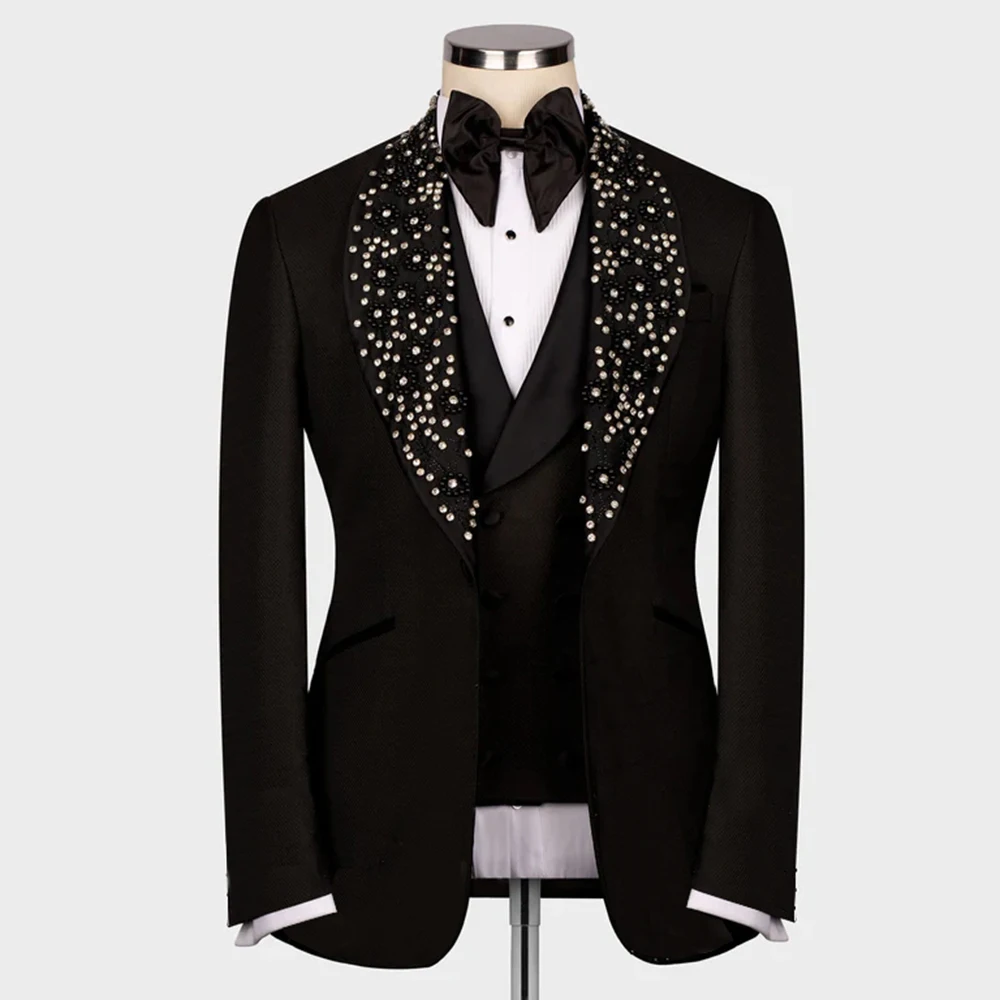 

Luxury Black Wedding Suits For Men Crystals Beaded Lapel Jacket Vest Pants 3 Pieces Groom Wear Tuxedos Custom Made Man Dress Set
