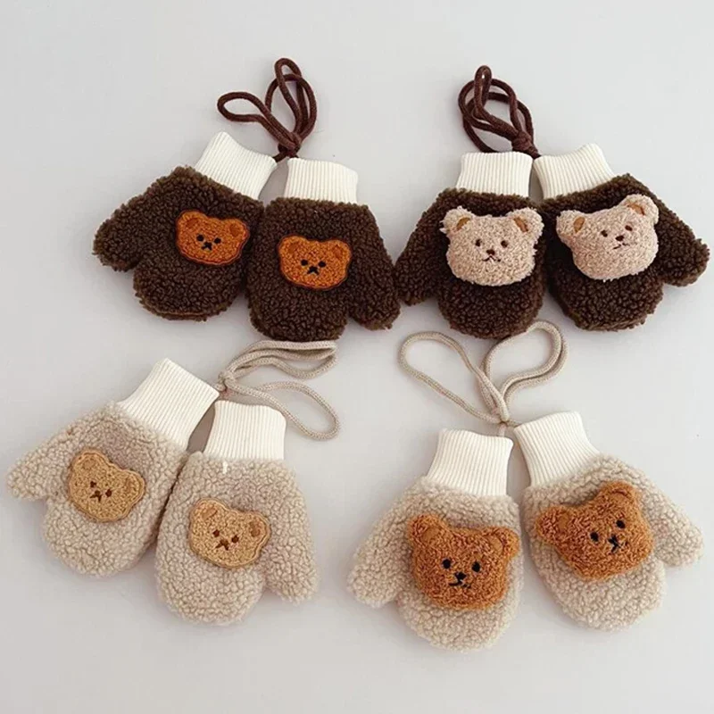 Thicken Lamb Wool Warm Boys Girls Baby Gloves Winter Children Full Finger Gloves with Ropes Kid Cartoon Bear Snow Outdoor