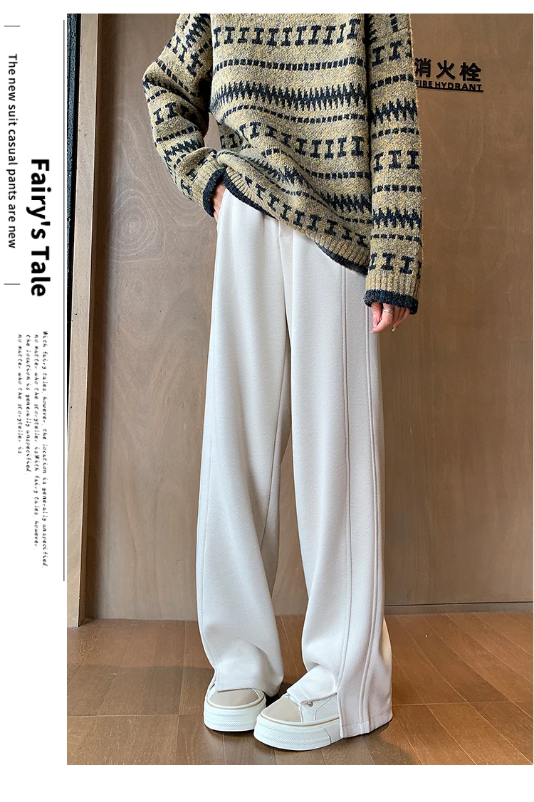 High Street Casual Gerade Lose Chic Split Frauen Hosen Herbst Winter Klassische Feste Farbe Mode Einfache Weibliche Breite Bein Hosen – Detail 5