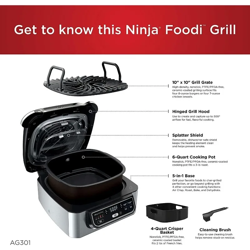 Ninja AG301 Foodi 5-in-1 Indoor Electric Grill with Air Fry, Roast, Bake & Dehydrate - Programmable, Black/Silver 4