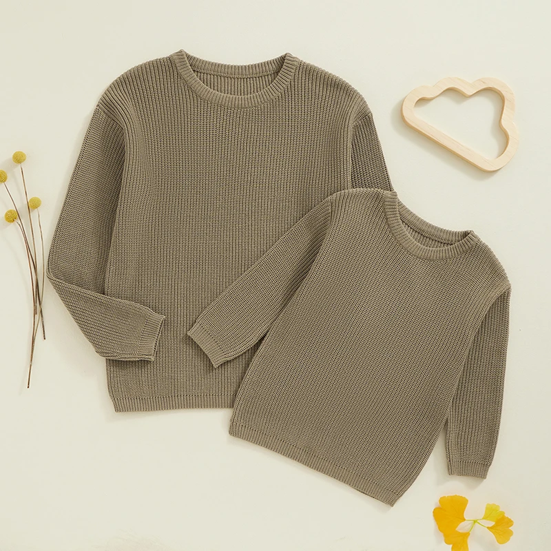 Autumn Winter Fashion Mommy and Me Matching Sweaters Solid Color Ribbed Long Sleeve Round Neck Chunky Knit Tops 3