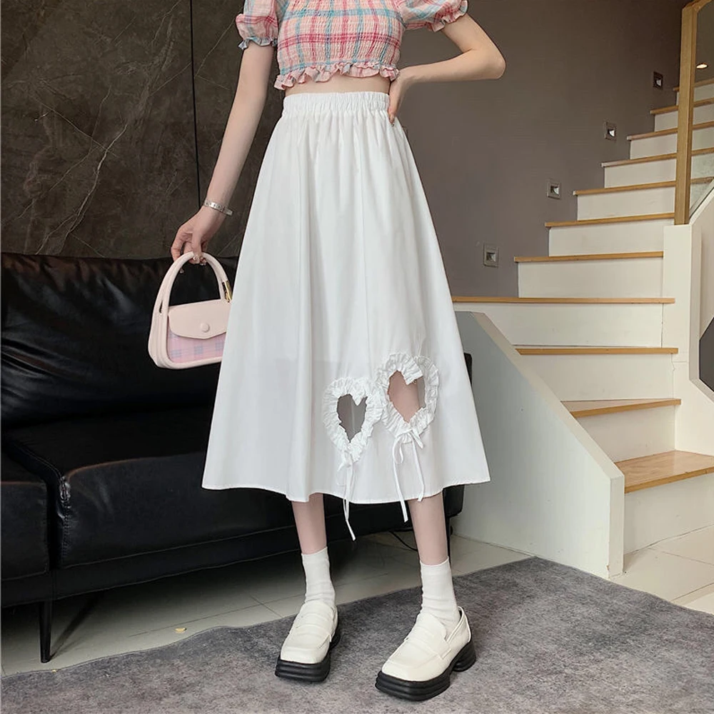 

2023 Women's Midi Long Skirts New Elastic Waist Elegant Heart Hole White Black Skirt Spring Summer Y2K Sweet A Line Skirt RS1017