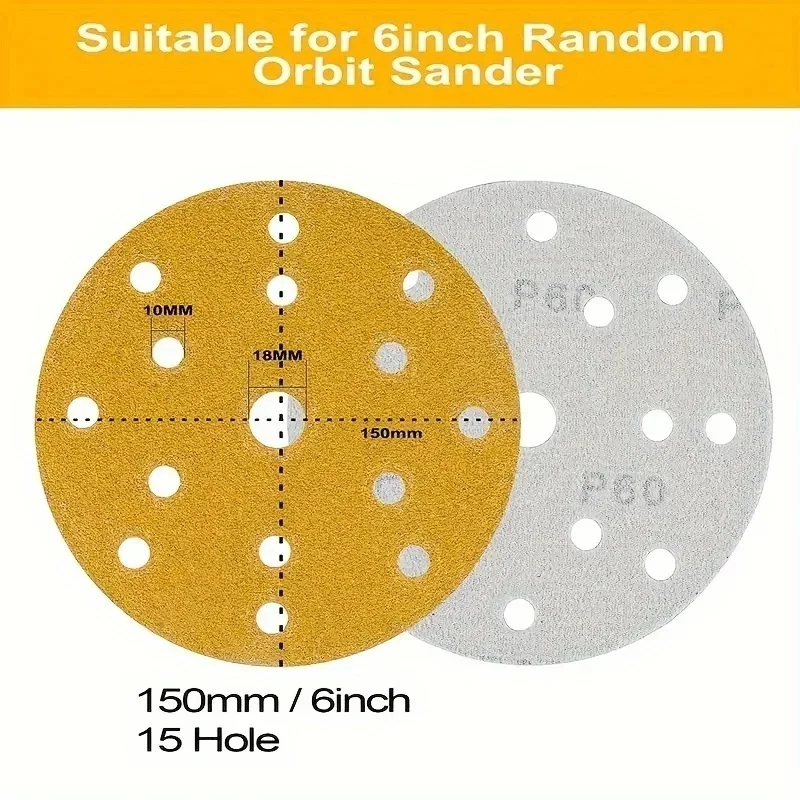 Sanding Discs 6 Inch 15 Holes Hook and Loop Sanding Disc 150MM Sandpaper Wet Dry 60-400 Grits Aluminum Oxide Car Wood Auto Polishing
