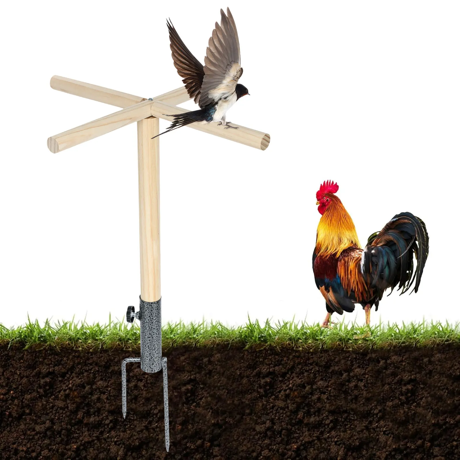 Wood Chicken Perch Outdoor Chicken Enrichment Toys with Metal Ground Plug Multifunctional Outdoor Bird Poultry Training Platform