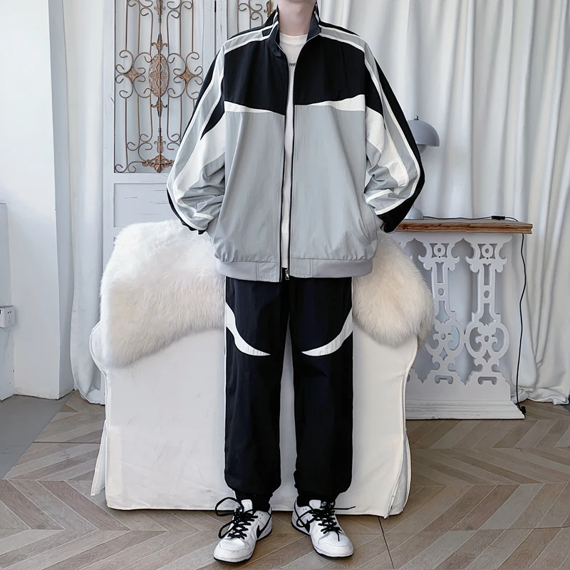 Men Spring Autumn Basic Patchwork Tracksuit Casual Stripe Stand Collar Jacket+Sweatpants Two-Piece Clothing Fashion Streetwear