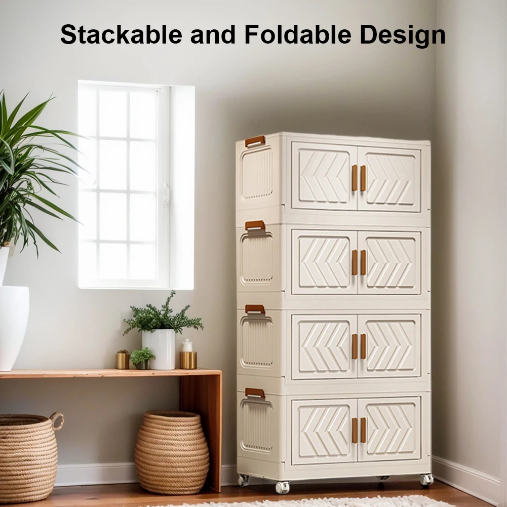 4 Tier Stackable Box Organizers Foldable Organization with Doors and Wheels Folding Storage Cabinet Shelf for Home Office Dorm