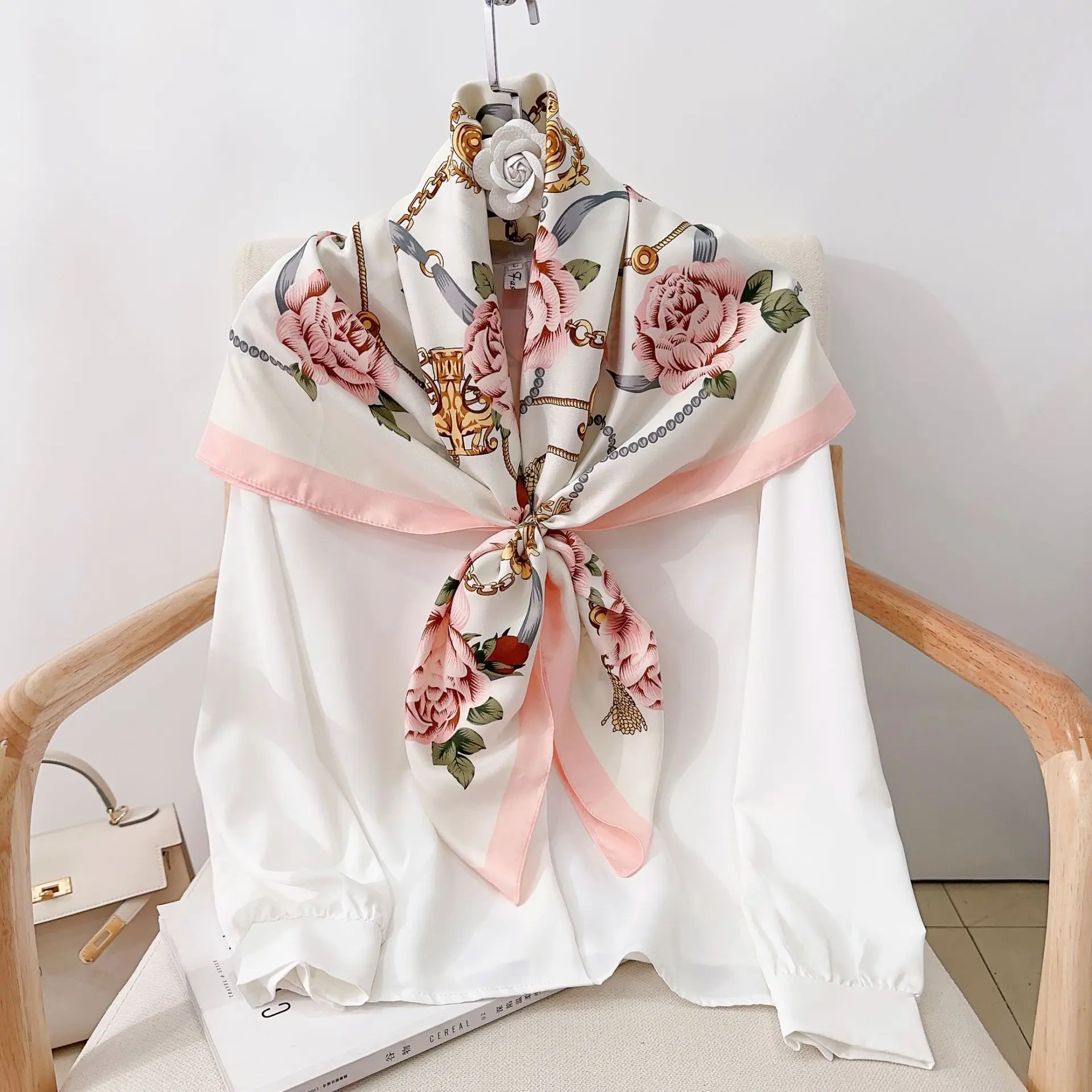 NEW Design Flower Twill Silk Women Scarf Sunscreen Foulard Shawl Hijab Female Hair Hijab Wraps Neckerchief Bandanda Echarpe 5