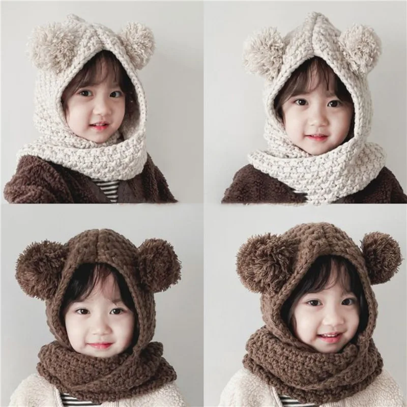 2023-new-handmade-knitted-korean-boys-and-girls'-ball-bear-hat-scarf-integrated-ear-protection-set