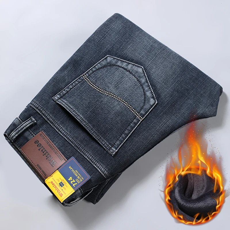 WTHINLEE  Winter New Casual Men's Warm Fleece Jeans Classic Business Thicken Fur Regular Fit Denim Pants Brand Plush Trousers 5