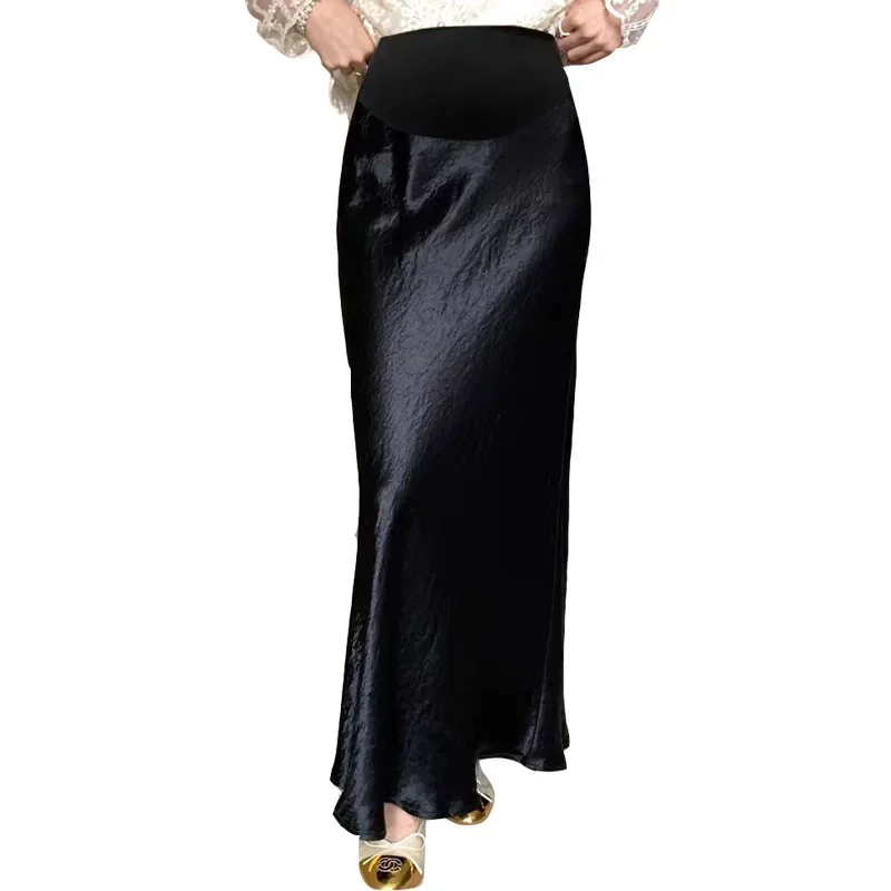 Maternity High Waist Asymmetrical Satin Fish Tail A- Line Skirt Women Summer Fashionable Wrap around Belly Support Skirts