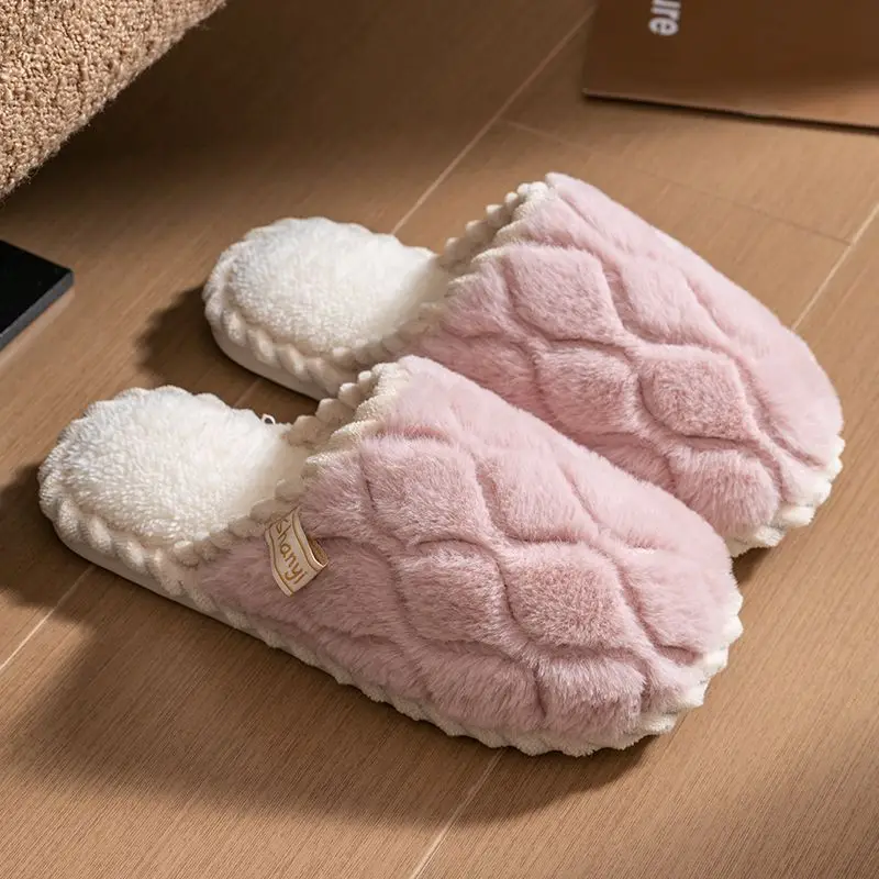 New Women Cotton Slippers House Couples Fluffy Slides Autumn Winter Solid Warm Plush Slippers Bedroom Ladies Cotton Shoes TG28 6