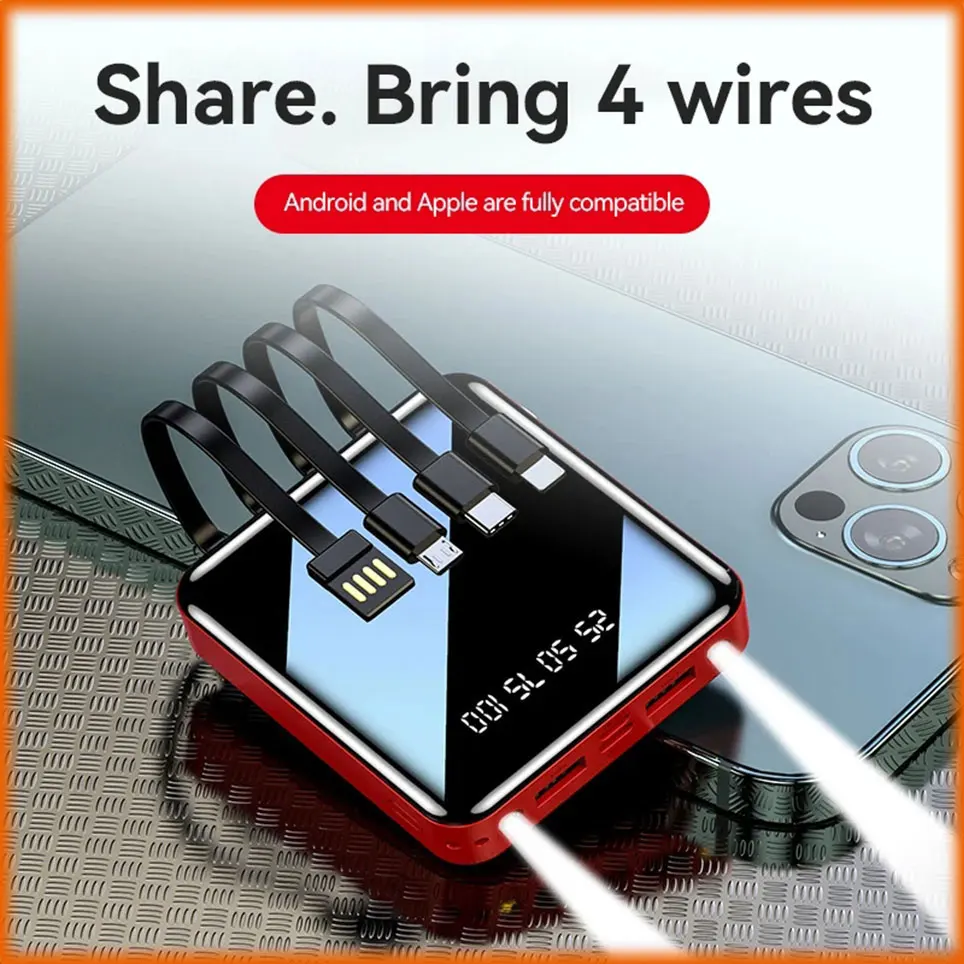 

20000mAh Power Bank Mirror Digital Display Screen Built-In Cord Mobile Power Supply Compact Portable Mobile Phone Accessories