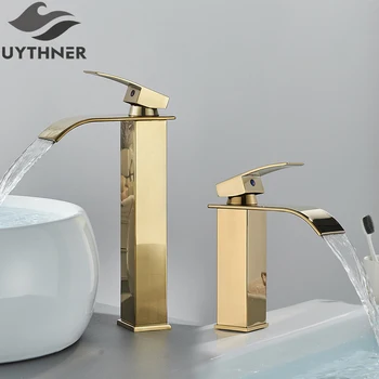 Rubinetti per lavabo dorati spazzolati rubinetto per lavabo da bagno a cascata elegante miscelatore in ottone con foro a leva singola 1