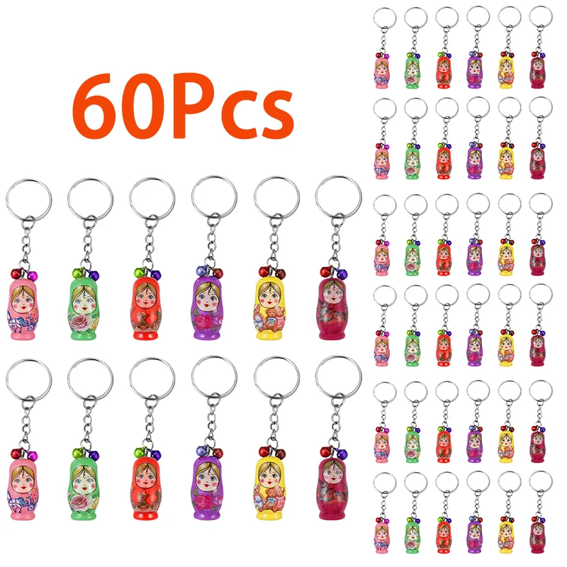 

60Pcs Nesting Dolls Key Chains Wood Russian Dolls Key Rings Charms Russian Dolls Keychains Hanger Bag Gifts