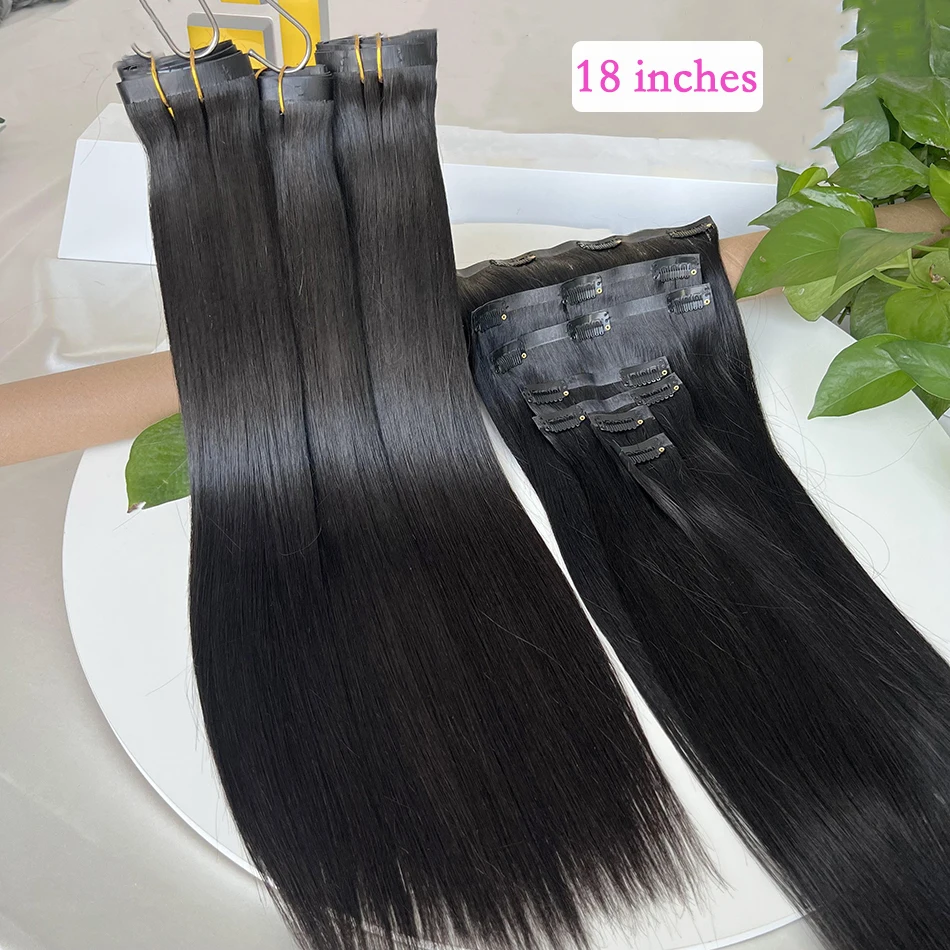Extensions de cheveux humains naturels (100 g, non traités), 7 pièces/ensemble, clips invisibles, couleur #1B, longues, tissage PU, lisses._voghion.com