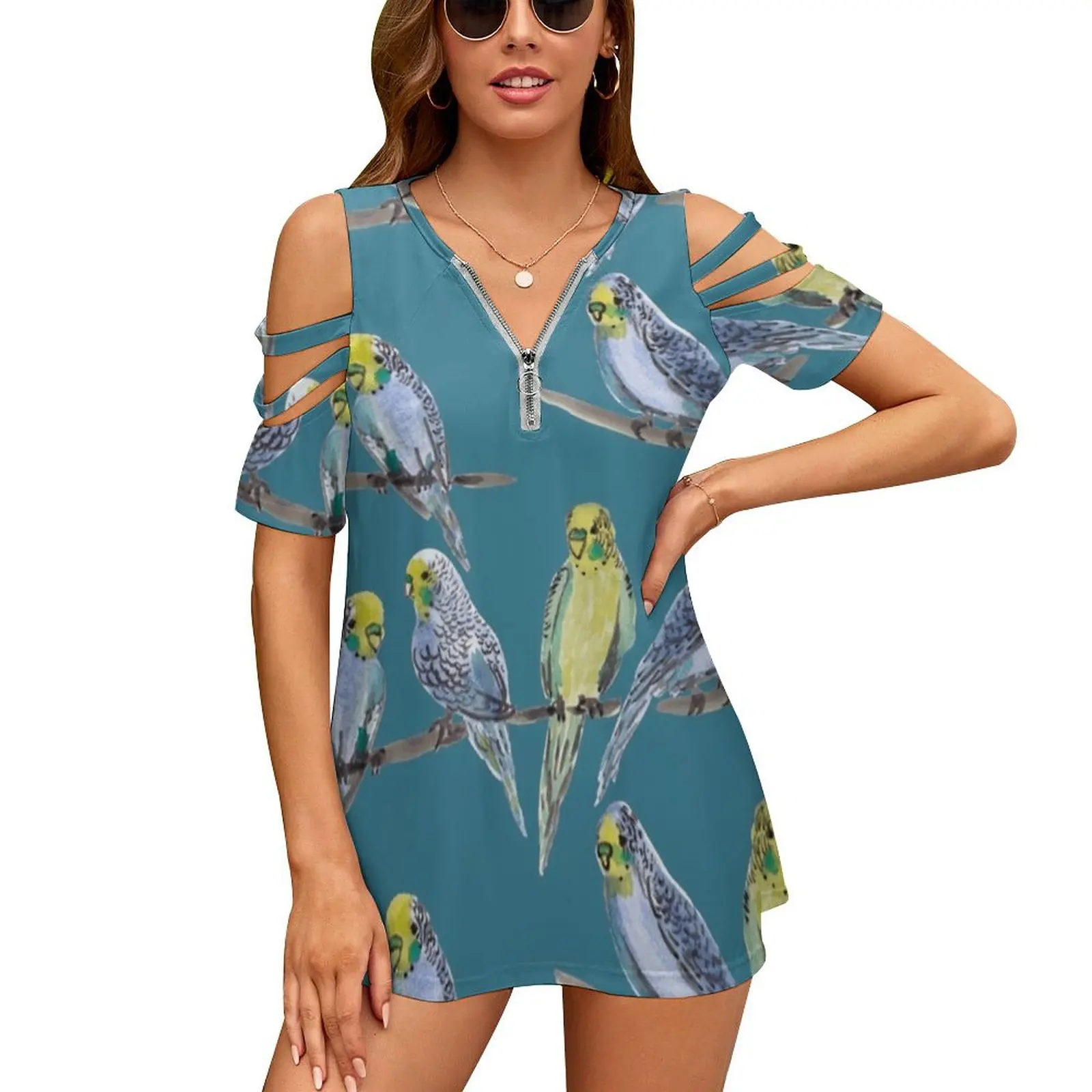 

Женская Акварельная футболка Bird On Teal, летняя модная Цветочная футболка с V-образным вырезом, Женский Пуловер С Рисунком Птиц, Budgie