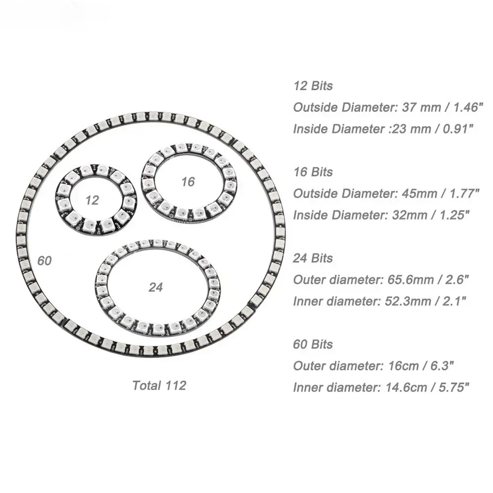 WS2812B 5050 RGB LED 링 7/8/12/16/24/60비트 램프 조명 (내장 드라이버 포함) WS2812 (아두이노, 라즈베리 파이용)