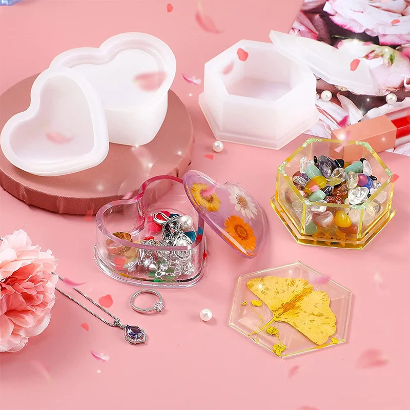 Crystal DIY Epoxy Resin Hexagonal Jewelry Box Silicone Mold Love Heart Storage Box Mold Brush Pot Resin Mold Jewelry Handcrafts