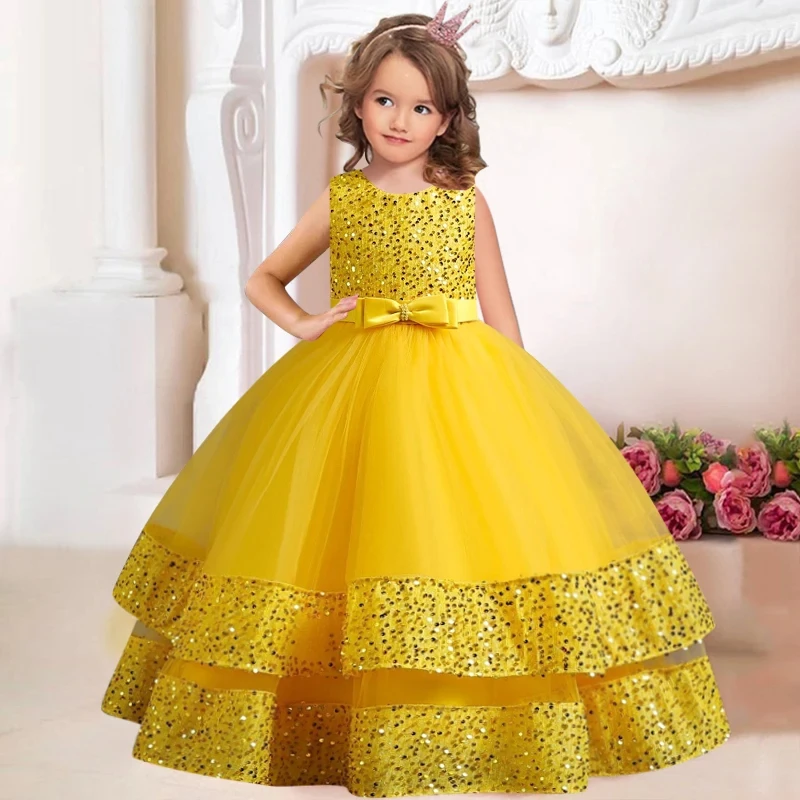 Girls' Sequins Bow knot Children's Princess Dress evening dress Fashion Pearl Cake Long Dress Christmas Banquet Host Show girls dress princess costume kids clothes