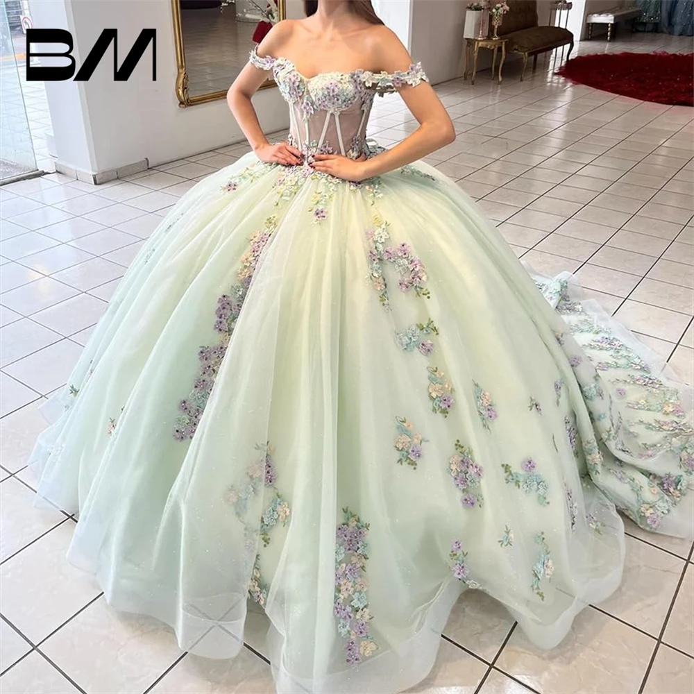 

Sparkly Lace Pearly Quinceanera Dresses Puffy Beaded Sweet 16 Ball Gown Tulle 3D Floral Off Shoulder Prom Gown