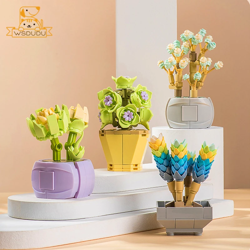 Succulente Building Blocks Mini Rose Flower Plants Gioco Di Costruzione In Vaso Puzzle Toys Cute Stacking Brick Model Regali Per Bambini