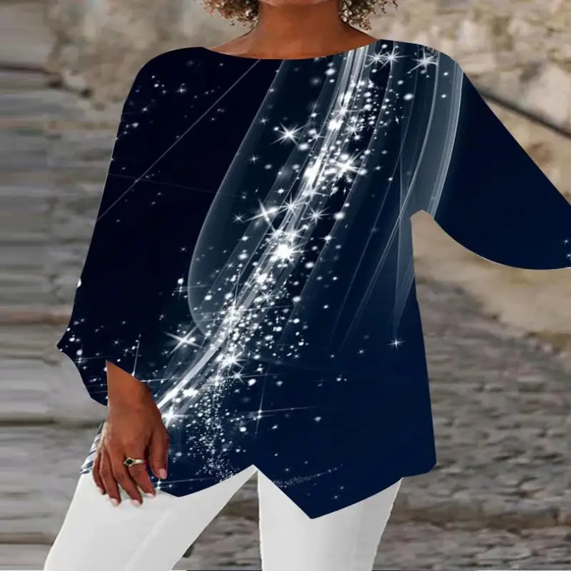 

Plus Size Women's Asymmetrical 3/4 Sleeve Scoop Neck Graphic Top