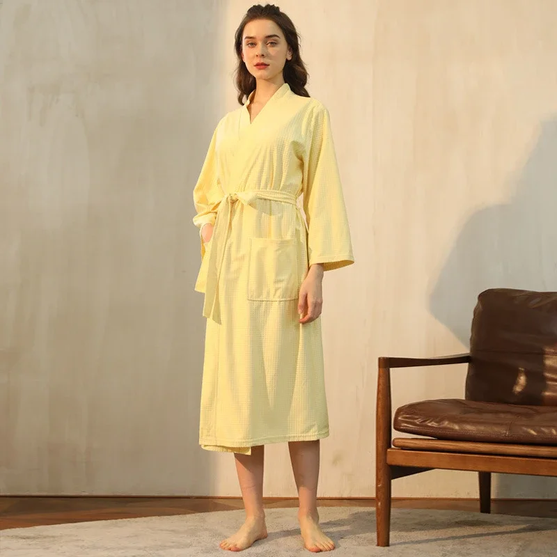 Yaz Kadın Düz Renk Ince Bornoz Çabuk Kuruyan Bornoz Mikrofiber Yumuşak Çift banyo havlusu Waffle Pijama Erkek Giysileri