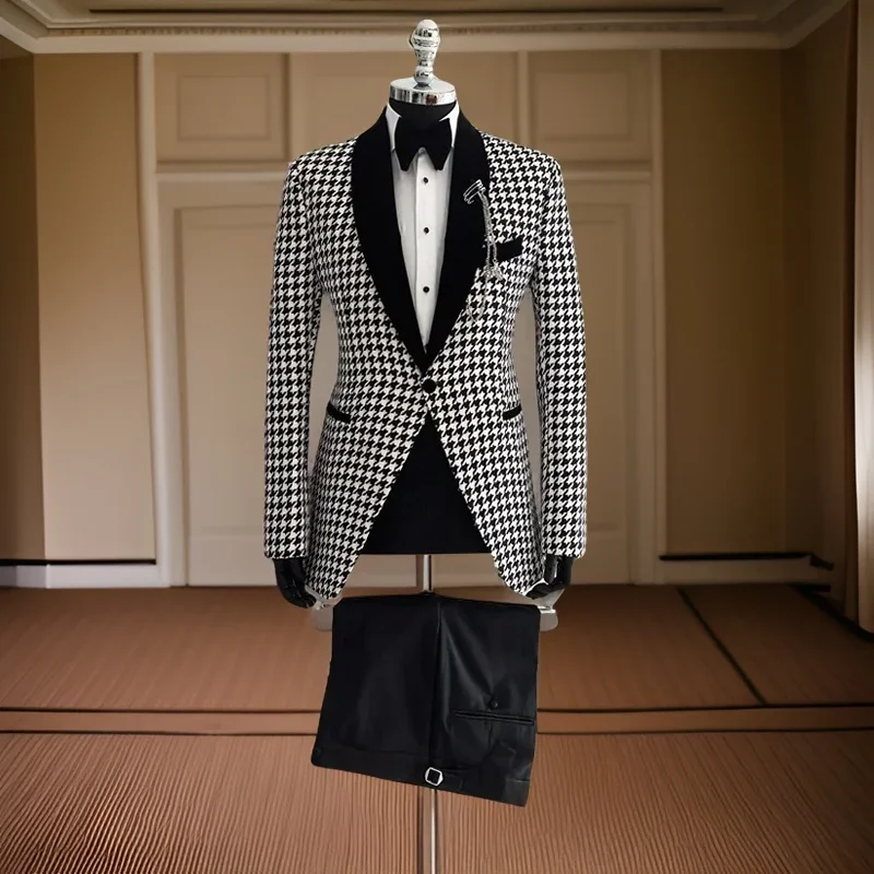 

Houndstooth Suits For Men Check Wedding Groom Tuxedo Slim Fit 2 Pcs Business Fashion Blazer With Pants 2024