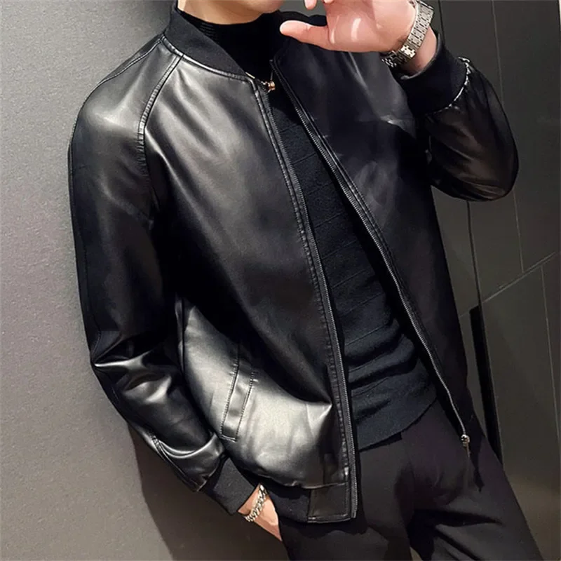 Men&rsquo;s PU Leather Jacket Fashion Baseball Collar Casual Jackets Solid Color Motorcycle Leather Outerwear leather jackets