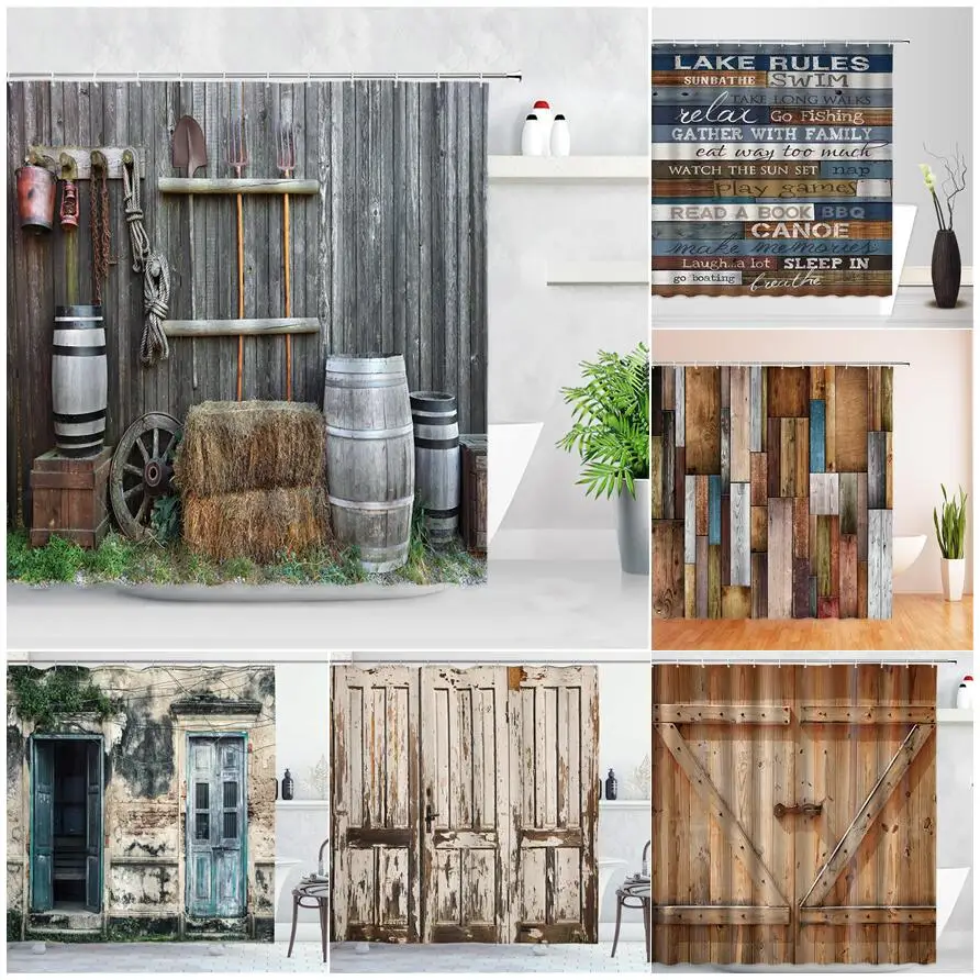Shower Curtains Retro Rustic Wood Doors Shower Curtains Vintage Farm Barn Old Door Home Decor Waterproof Polyester Fabric Bathroom Curtain Set