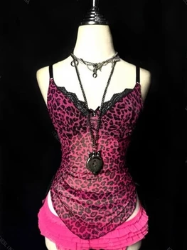 2000s American Vintage Sexy Leopard Camis Y2k Harajuku Slim Lace Patchwork Tanks Summer Streetwear Beach Party Sleeveless Tops 1