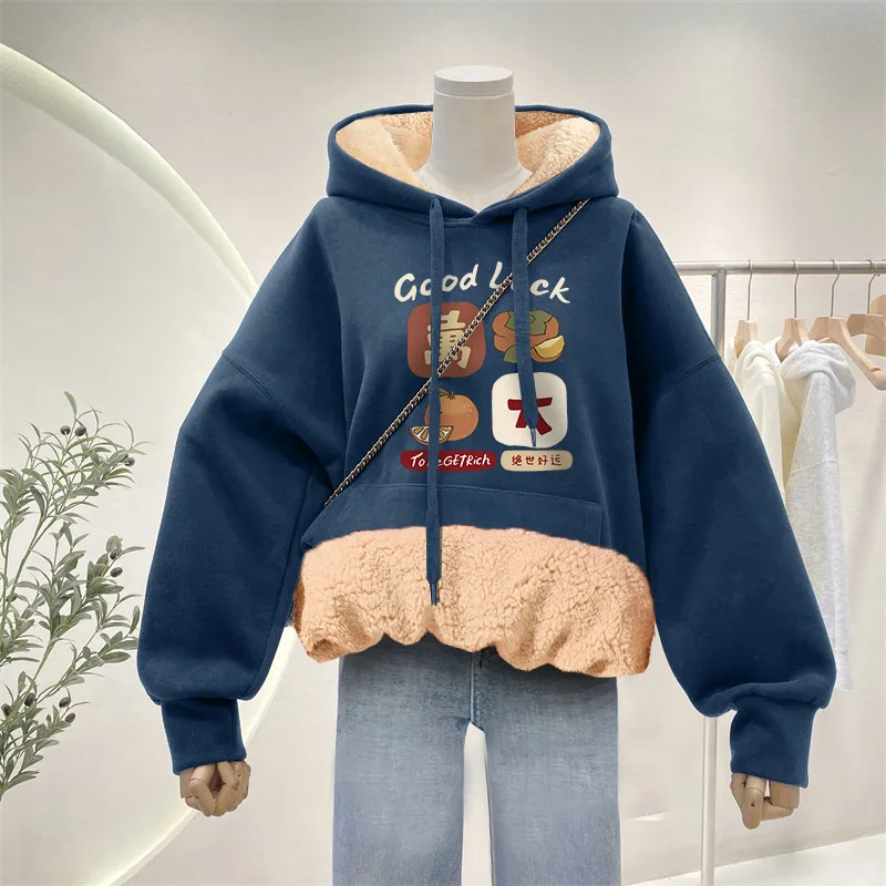 

Winter Thick Warm Hoodies Plus Size Coat Velvet Cashmere Women Hoody Sweatshirt Cartoon Print Pullover Casual Oversized Hoodies