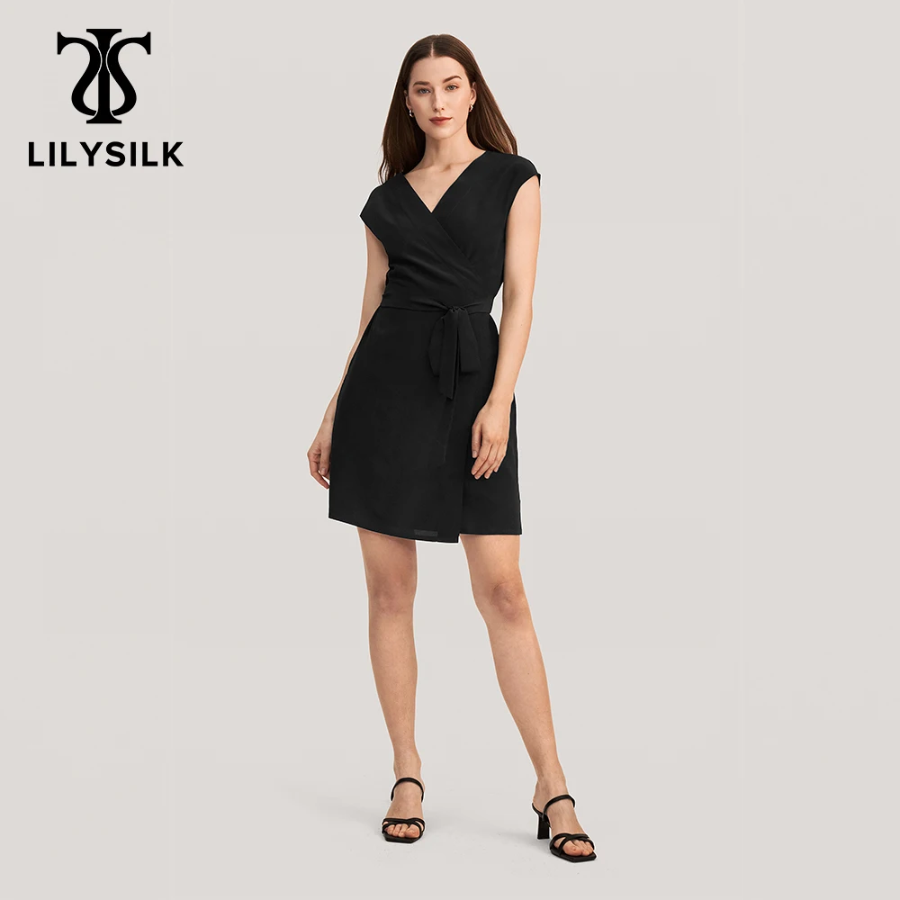 

LILYSILK Summer Silk Mini Black Dress 2022 New Femme V-Neck Sleeveless Robe Ladies Essential For All Occasions Free Shipping