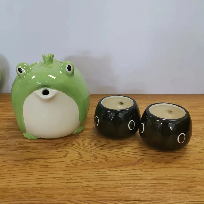 Service à Thé En Céramique Mignon – Théière Avec Passoire Intégrée Et Autocollants Grenouille, Sans Plomb