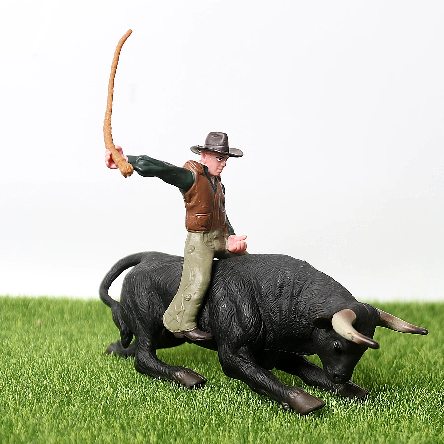 

Plastic Bullfighter Black Bull Riding Rodeo Bull With Rider Figurine Playset Educational Cowboy Model Set Action Toy Figures