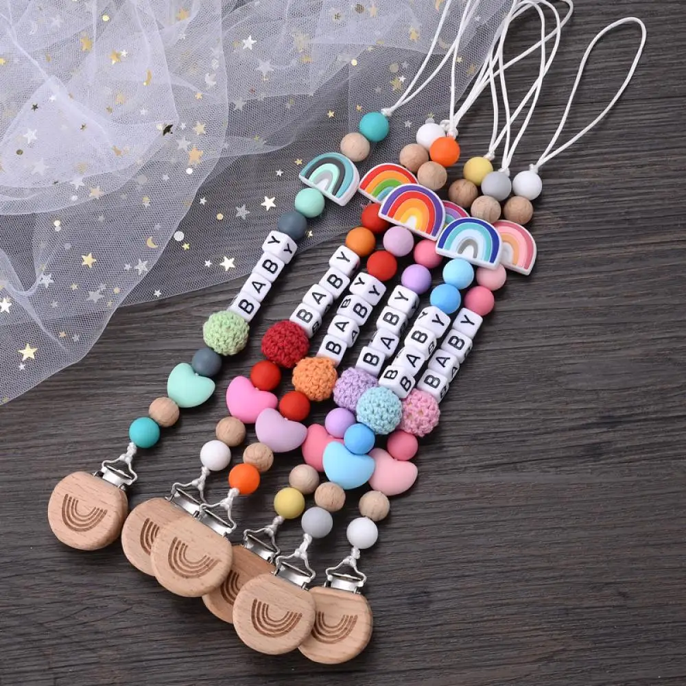 Personalize Name Pacifier Clips Holder Baby Silicone Rainbow Pacifier Holder Chain Baby Handmade Dummy Clips Teether Gift Custom 5
