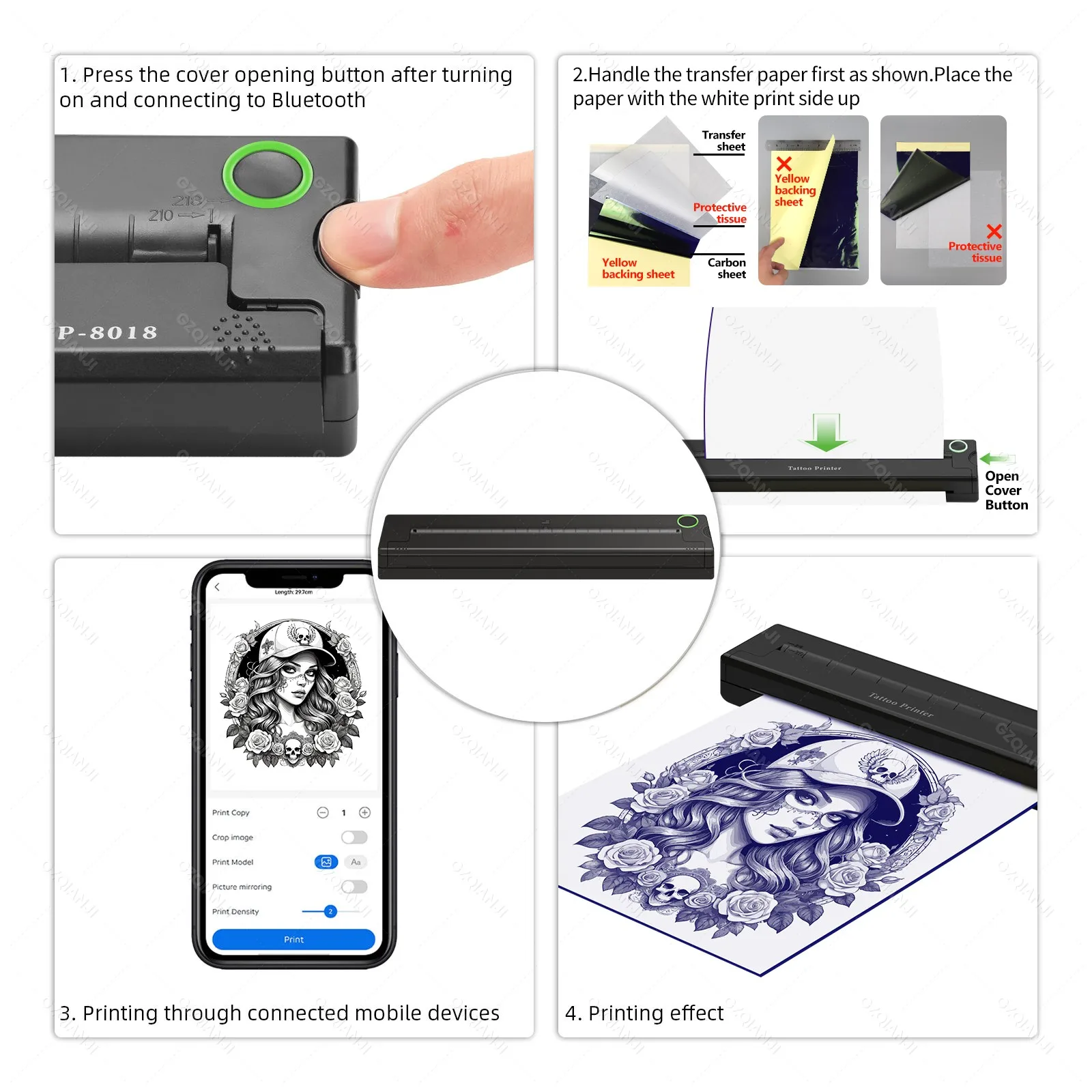 A4 Portable Thermal Transfer Tattoo Printer Wireless Bluetooth Mobile Maker 203dpi Machine Compatible Android IOS For Office