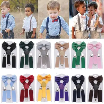 Kids Elastic Suspenders Bow Tie set Matching Tuxedo Suit Unisex Boy Girl Bowtie Wedding Costume Adjustable Y-Back Brace Belt