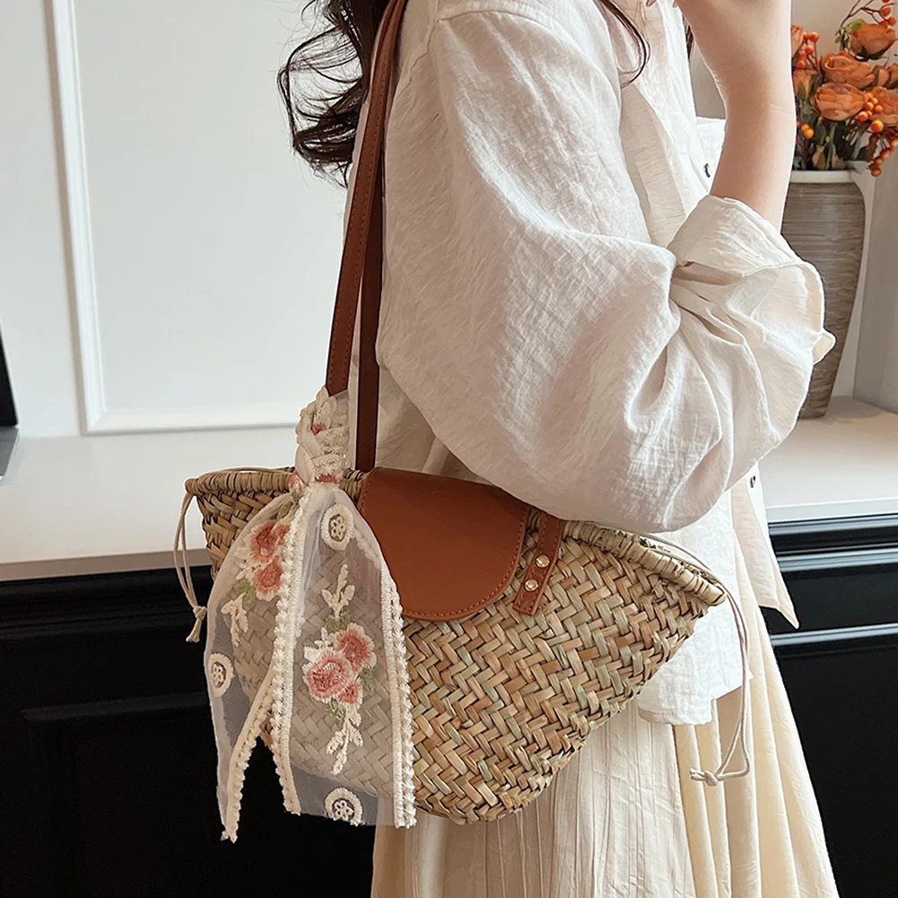 Fashion Straw Shoulder Bag Women PU Leather Top Handle Beach Bags Raffia Basket Bucket Bag Woven Summer Crochet Purses Handbags