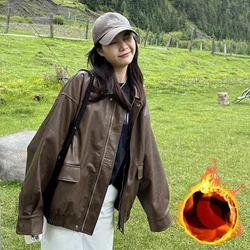 American Retro High-Grade Sense Plus Velvet Padded Leather Jacket Women's Winter Loose And Simple Leather Jacket Tide Outcoat